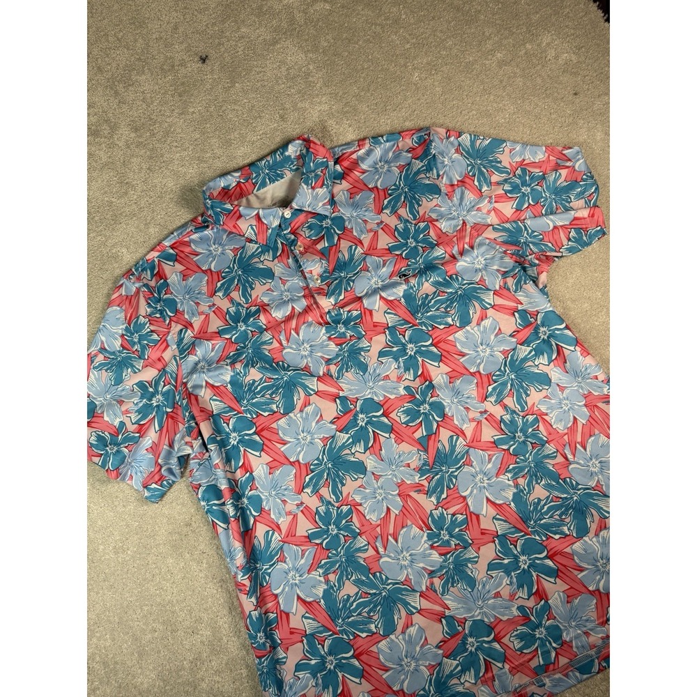 Vineyard Vines OTG Sankaty  Polo XL Pink Blue Floral Golf Performance Stretch